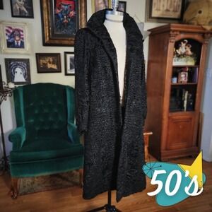 Vintage 50s German Black Persian Lamb Fur Coat Full Length Luxury Warm Outerwear